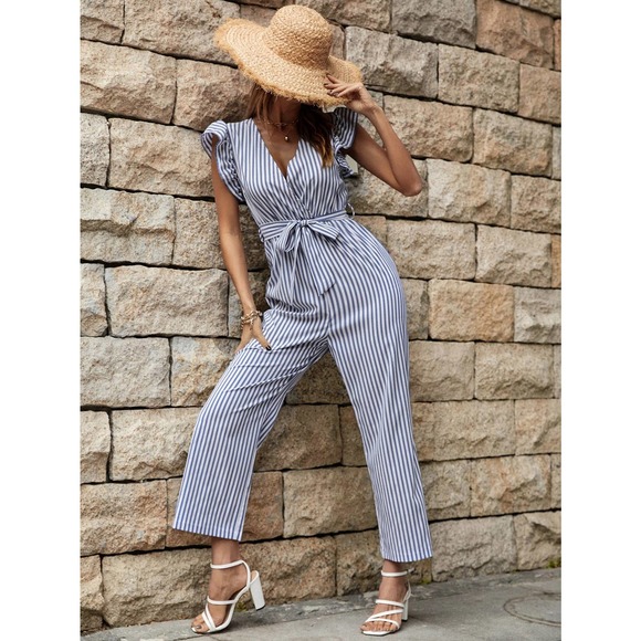 Short Sleeve Striped Print Ruffle Trim Belted Jumpsuit boho blue white - Picture 3 of 5